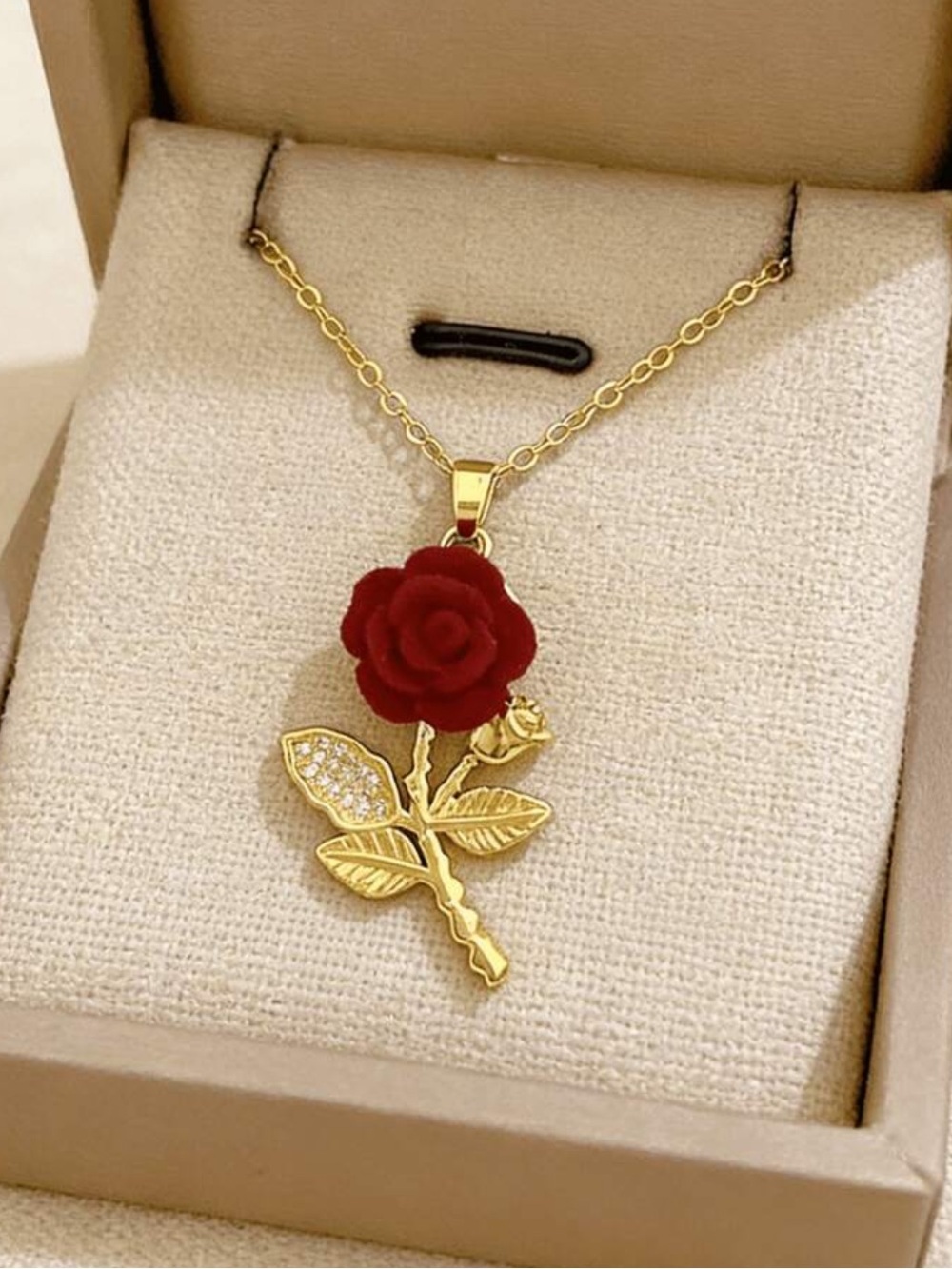 Gold Rose Pendant Necklace with Red Resin Flower - Women Jewelry